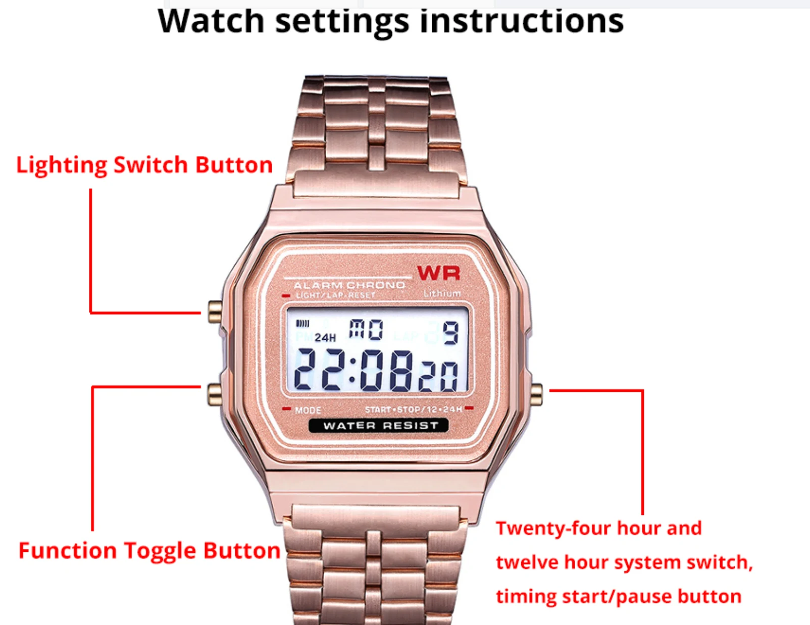 Montre Sport digitale, cadran lumineux, multifonctions, acier inoxydable._3