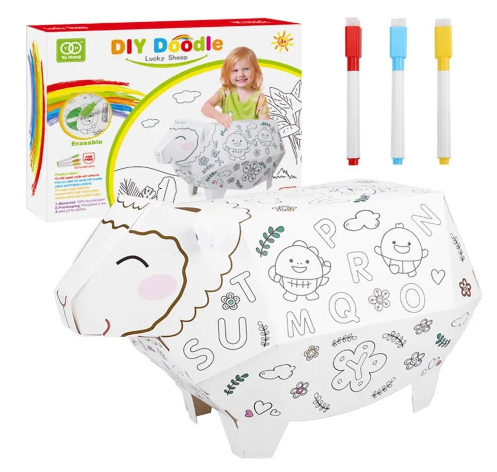 Kit créatif mouton 3D en carton à assembler et colorier. Vendu avec 3 feutres._4.webp