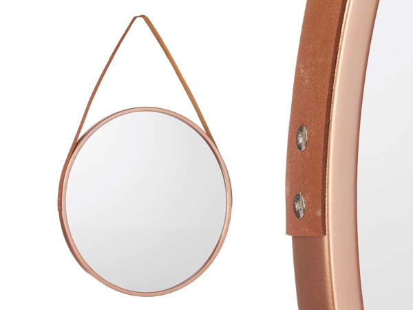 miroir rond avec poignée en simili-cuir bronze pet