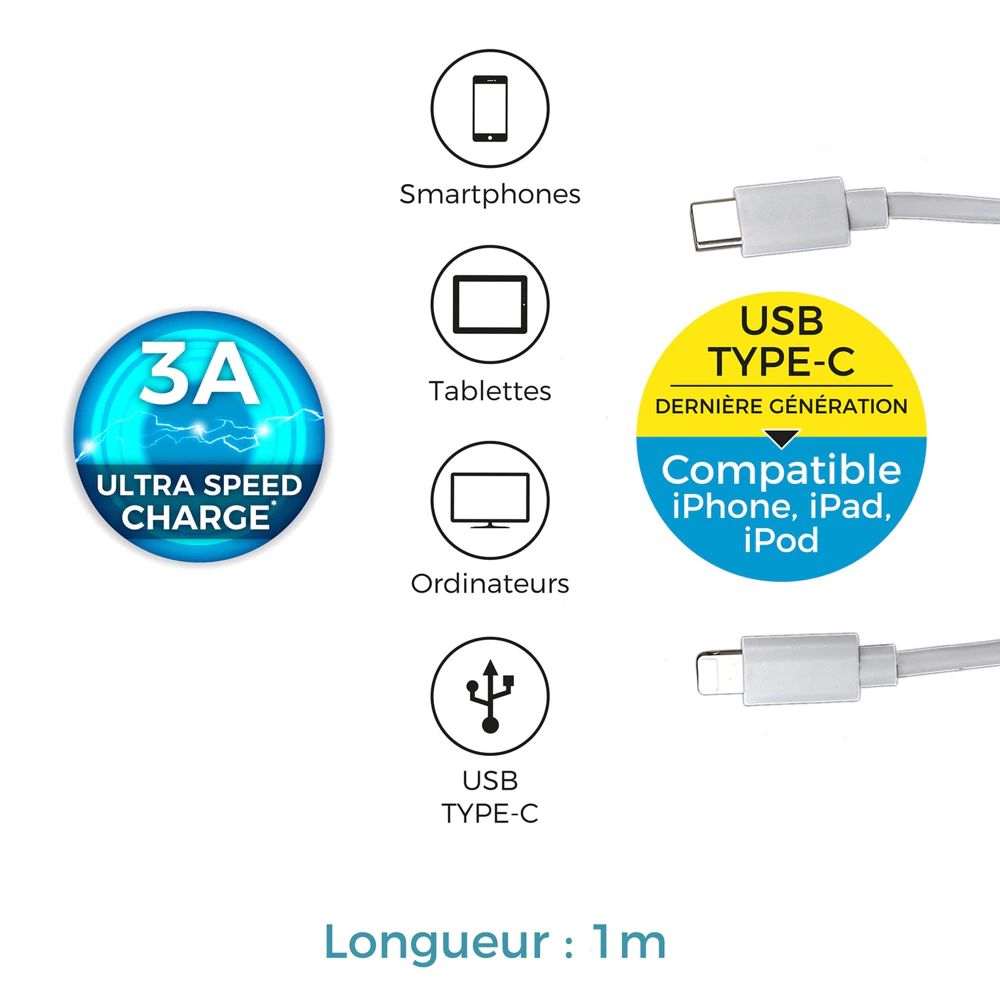 cable charge ultra rapide 3a port usb-c