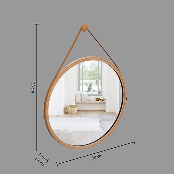 Miroir mural cuir ronde bambou D38, beige