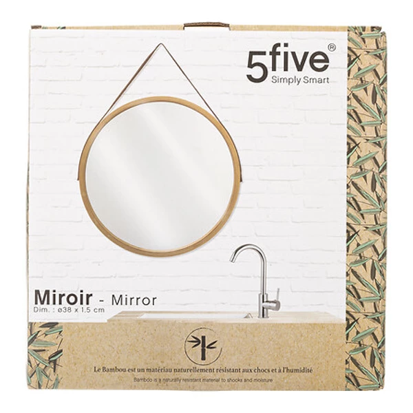 Miroir mural cuir ronde bambou D38, beige