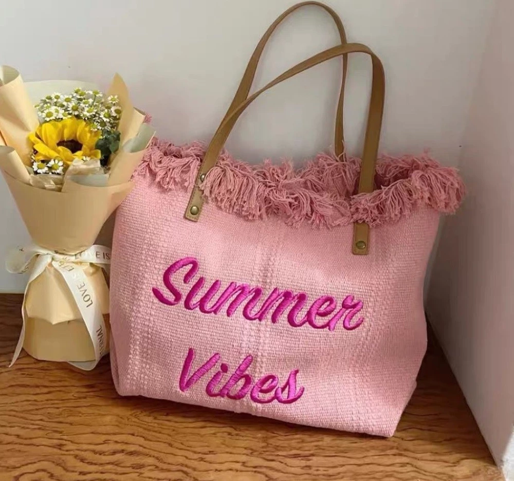 SAC DE PLAGE BOHO Avec pompons de roses TP11R