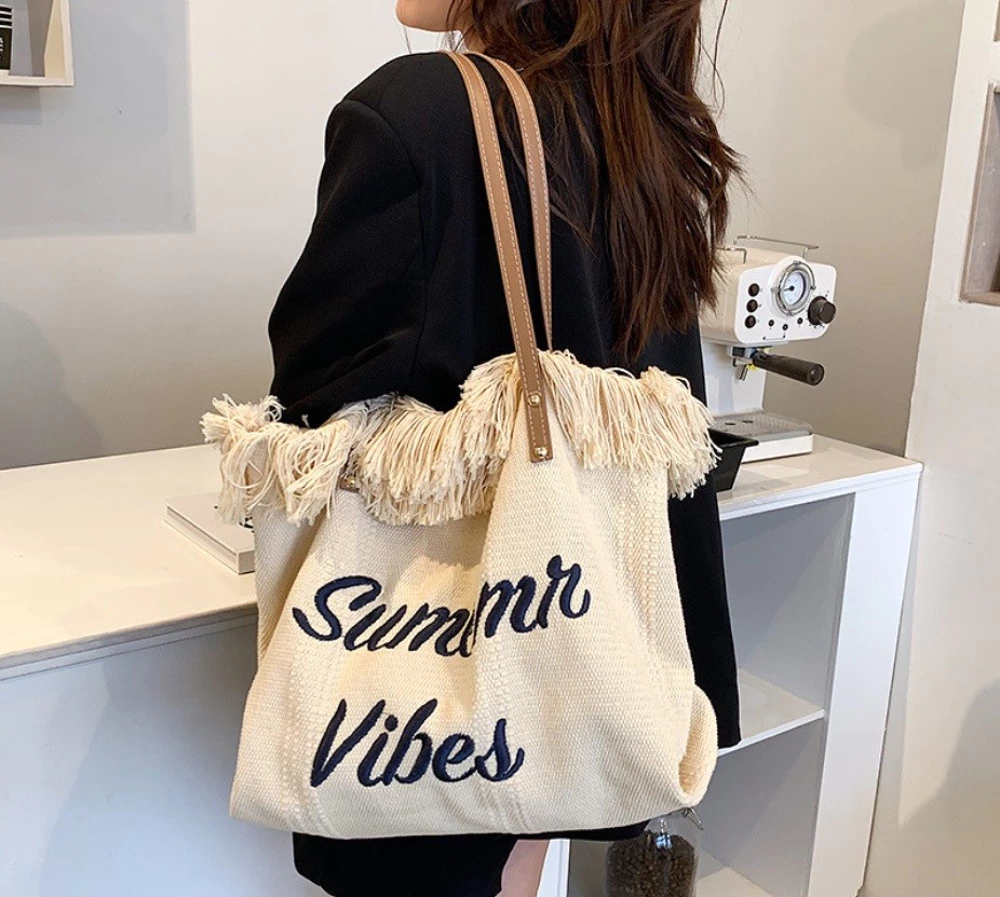 SAC DE PLAGE BOHO A franges crème clair TP11B