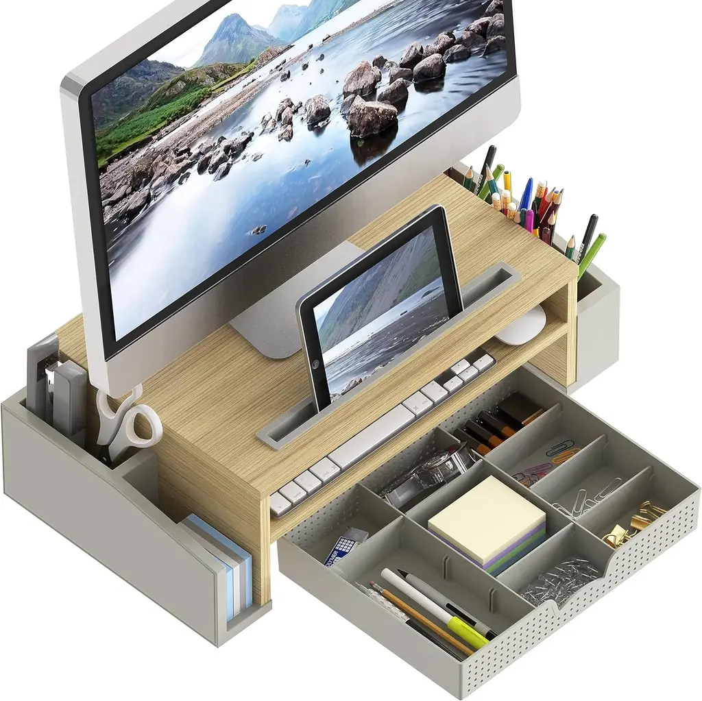 Support de bureau Simple Houseware pour écran d'ordinateur avec plateau de rangement réglable