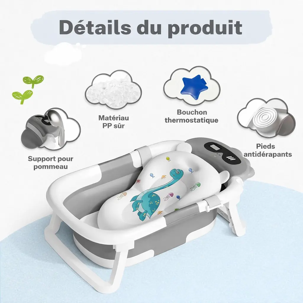 Baignoire bébé pliable AVIDOR – De la naissance à tout-petit –  pieds antidérapants 