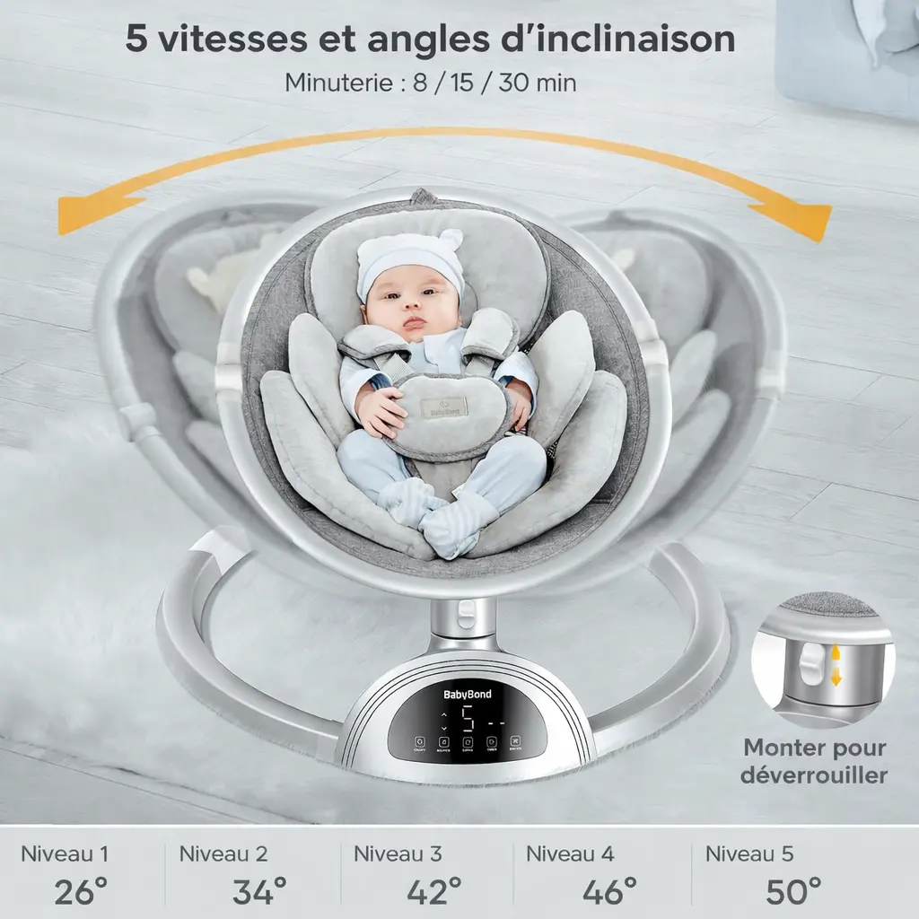 Balancelle bébé BabyBond – Bluetooth avec musique, 5 vitesses, harnais 5 points – Télécommande incluse