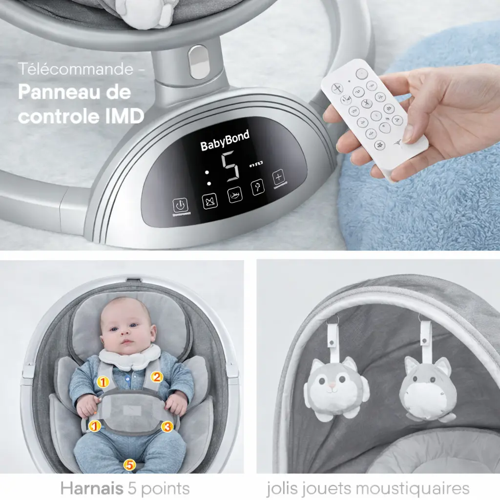 Balancelle bébé BabyBond – Bluetooth avec musique, 5 vitesses, harnais 5 points – Télécommande incluse