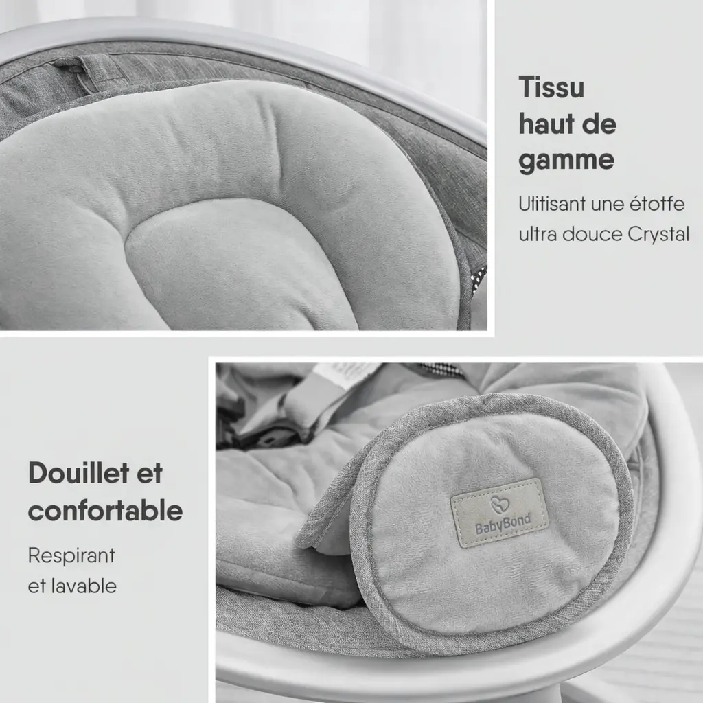 Balancelle bébé BabyBond – Bluetooth avec musique, 5 vitesses, harnais 5 points – Télécommande incluse