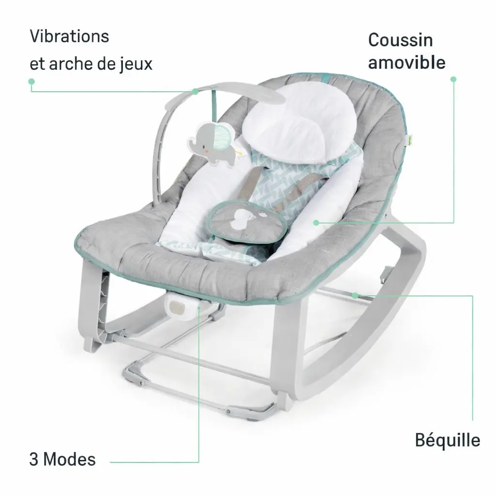 Transat bébé Ingenuity 3-en-1 évolutif – Vibrations, arche de jeux – 0-30 mois