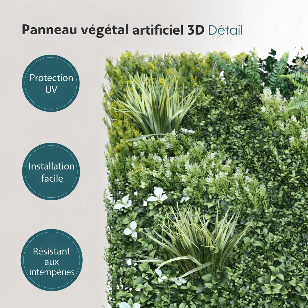 Mur végétal artificiel 100 × 100 cm – Feuillage mixte 