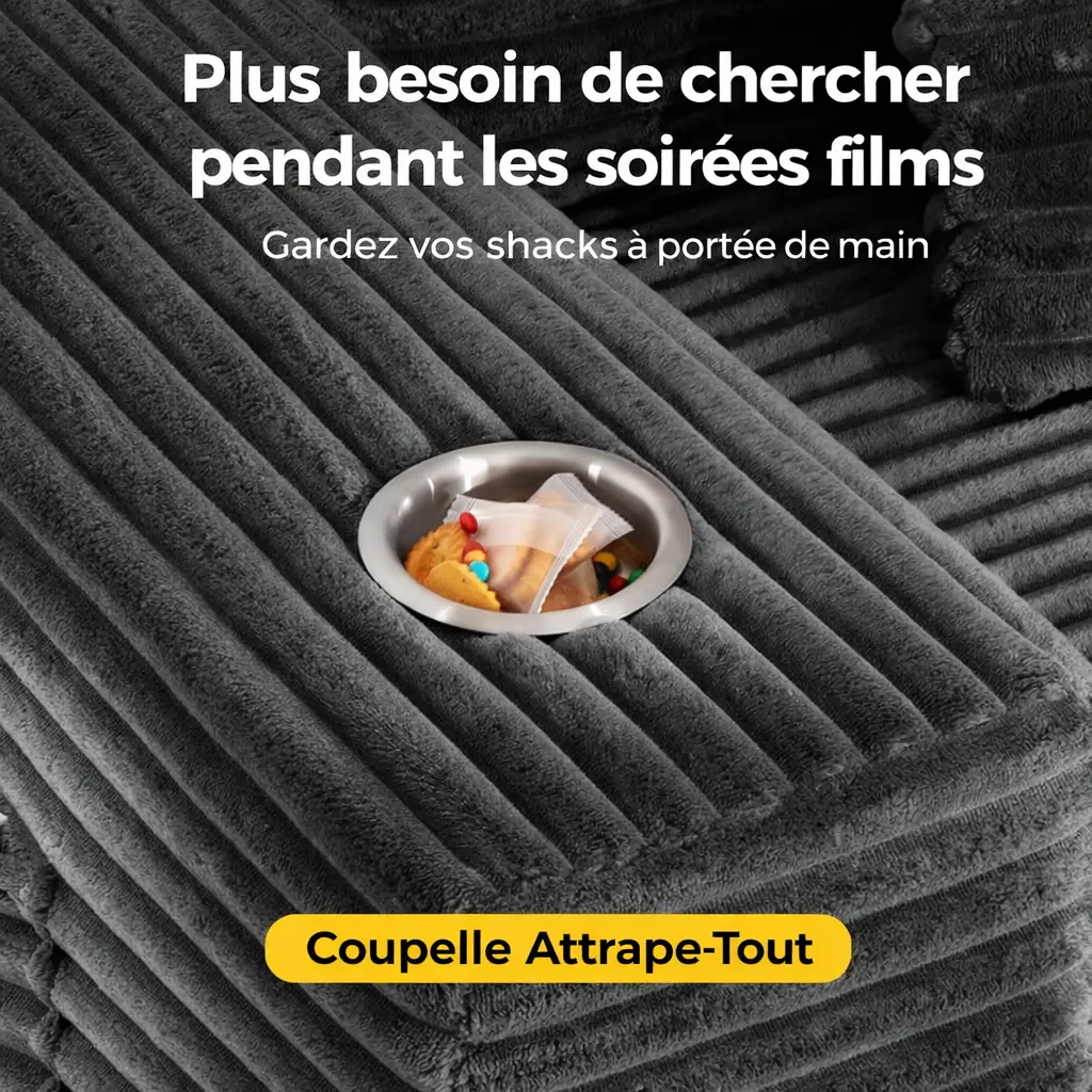 Canape d’angle modulable confort XXL, tissu côtelé gris