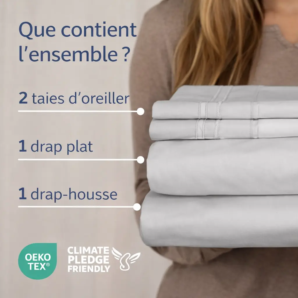 Parure de draps Queen US 4 pièces – Douce, respirante et effet frais – Gris français