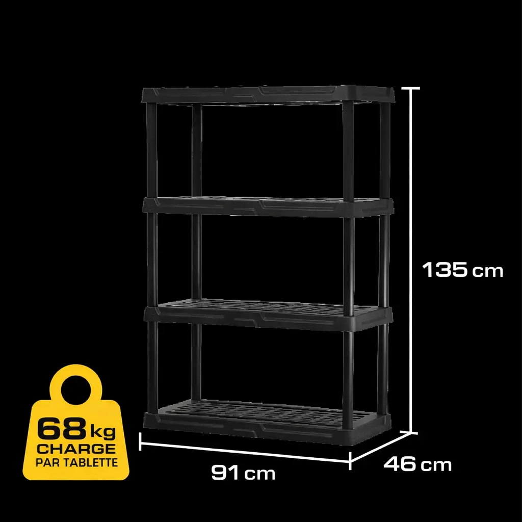 Étagère de rangement plastique CENTREX 4 niveaux (135 x 91 x 46 cm), charge 68 kg par tablette