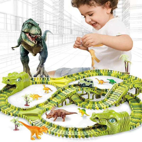 Circuit motorisé Dino Park avec 8 dinosaures