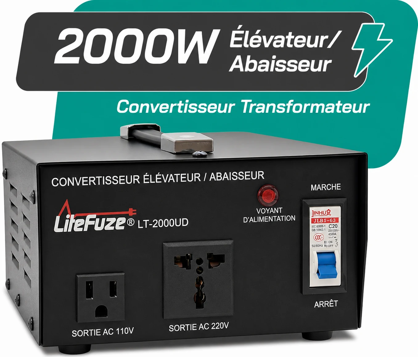 Convertisseur transformateur LiteFuze 2000W 110V/220V – prise universelle, câble US avec terre