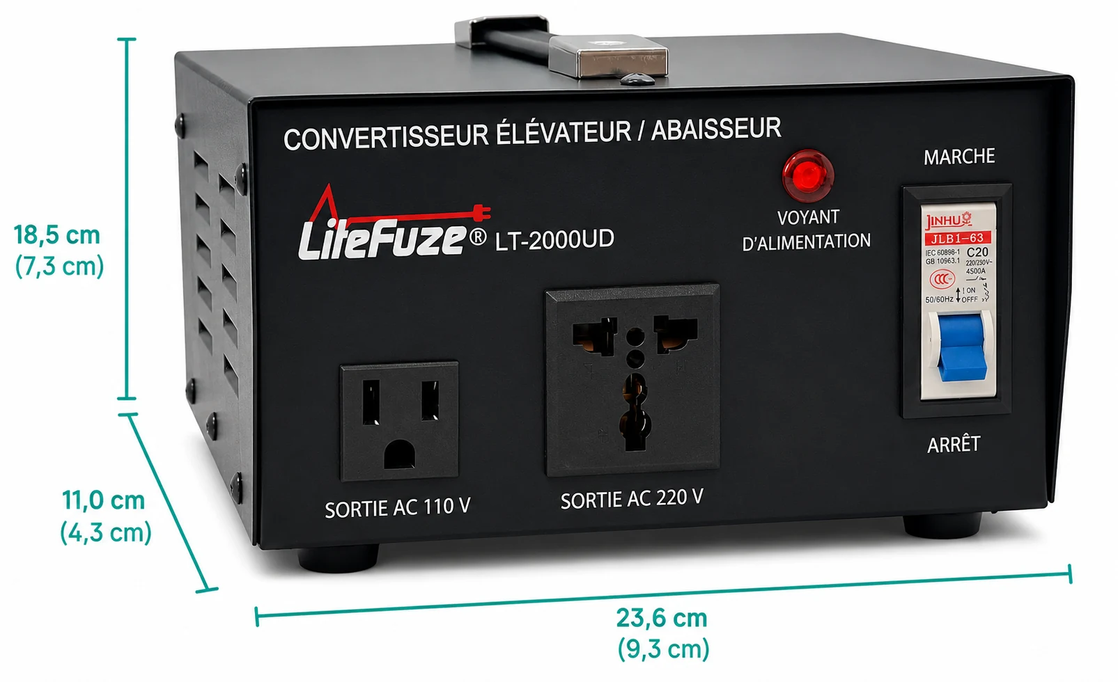 Convertisseur transformateur LiteFuze 2000W 110V/220V – prise universelle, câble US avec terre