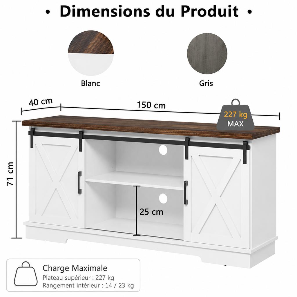 Meuble TV Rustique 165 cm avec Portes Coulissantes Style Grange