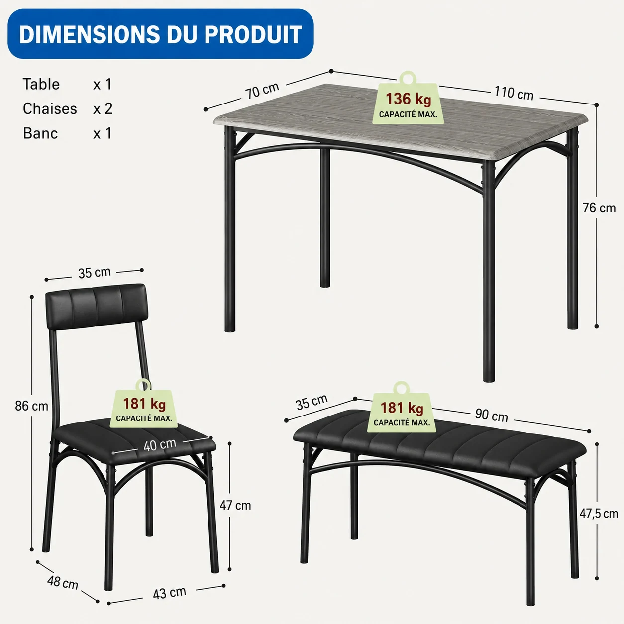Table de Cuisine 4 Places avec Banc Intégré