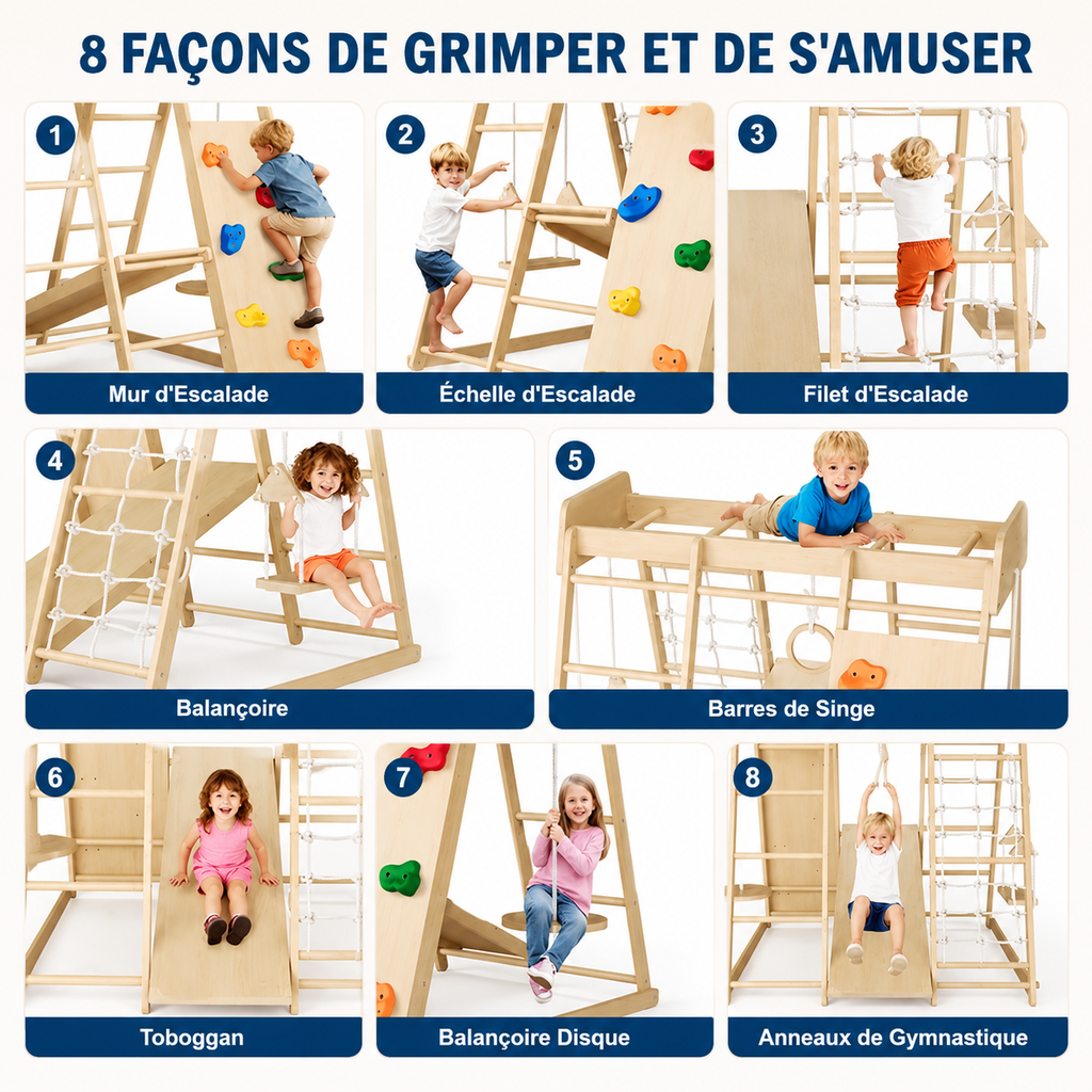 Structure Escalade en Bois 8-en-1 avec Toboggan