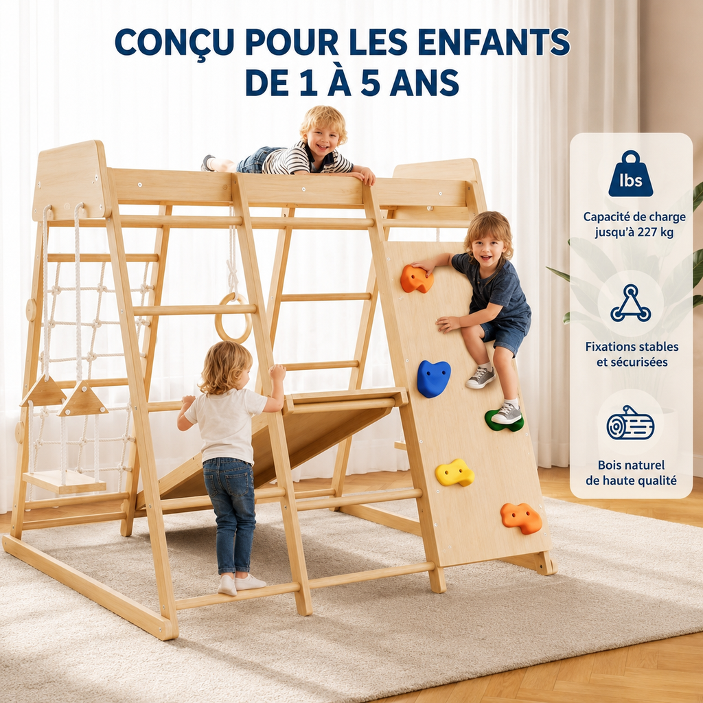 Structure Escalade en Bois 8-en-1 avec Toboggan