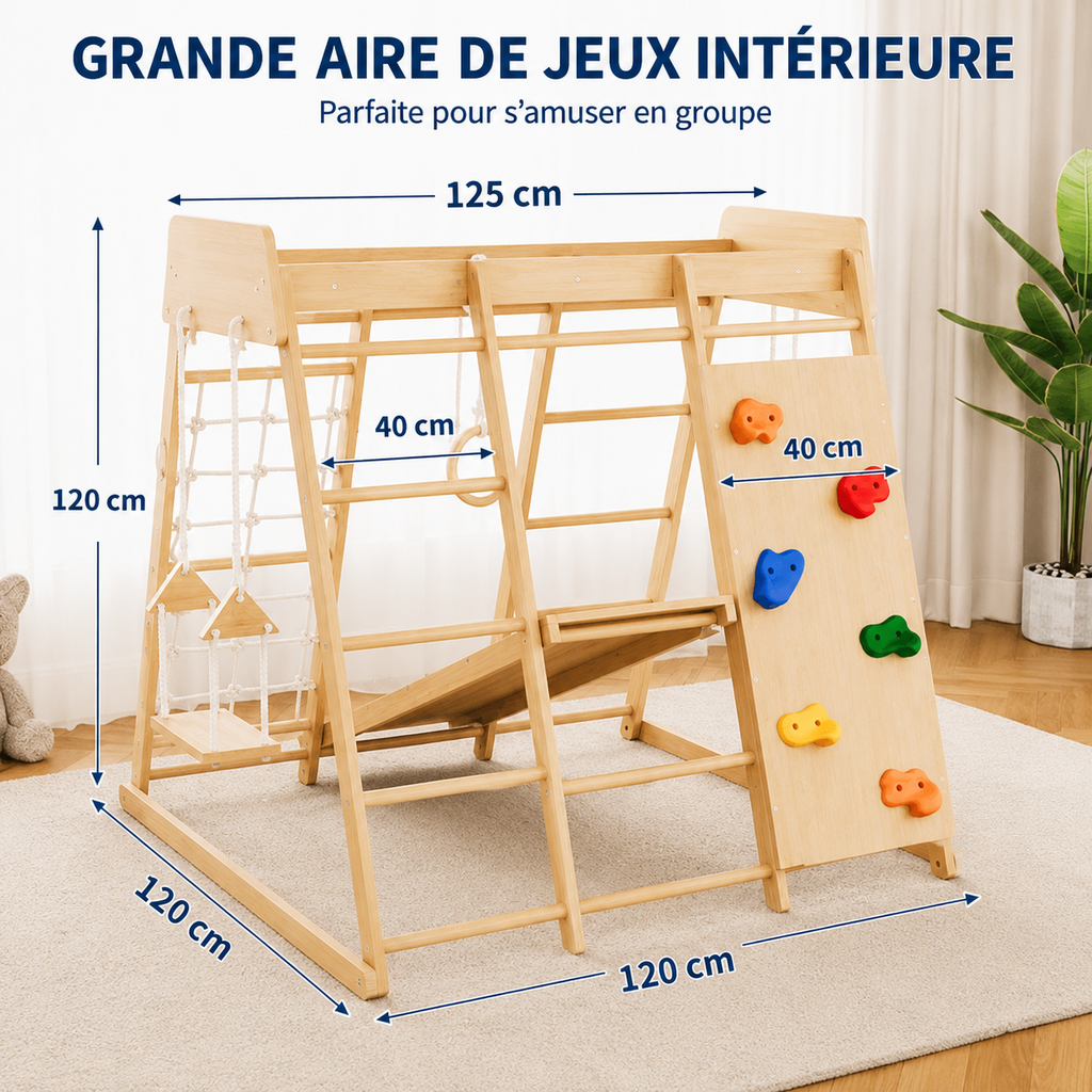 Structure Escalade en Bois 8-en-1 avec Toboggan