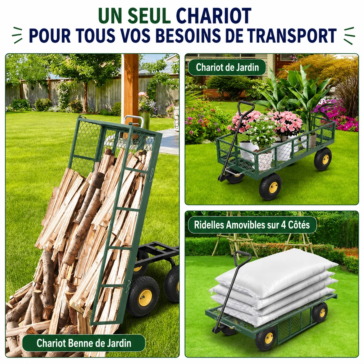 Chariot de Jardin 3-en-1 Charge Lourde 400 kg