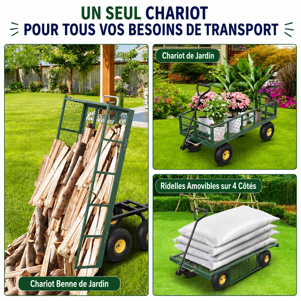 Chariot de Jardin 3-en-1 Charge Lourde 400 kg