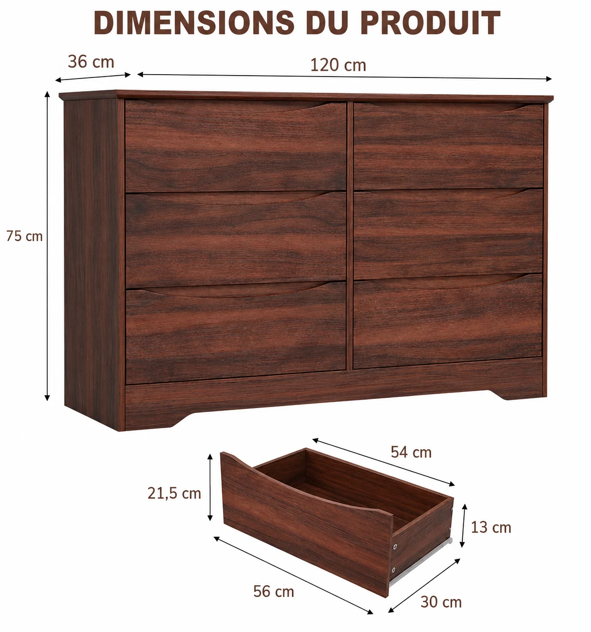 Commode Contemporaine 6 Tiroirs avec Grand Rangement