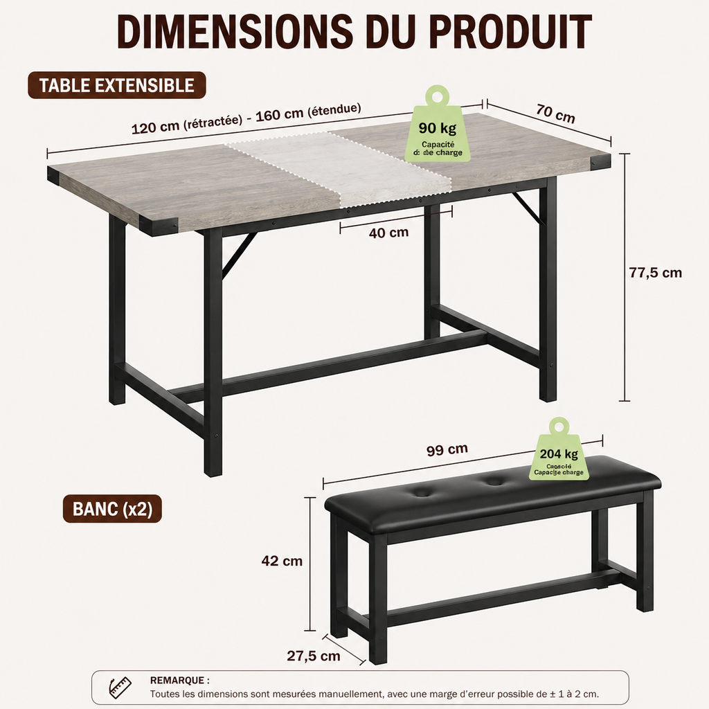 Table à Manger Extensible 4 à 6 Places avec 2 Bancs
