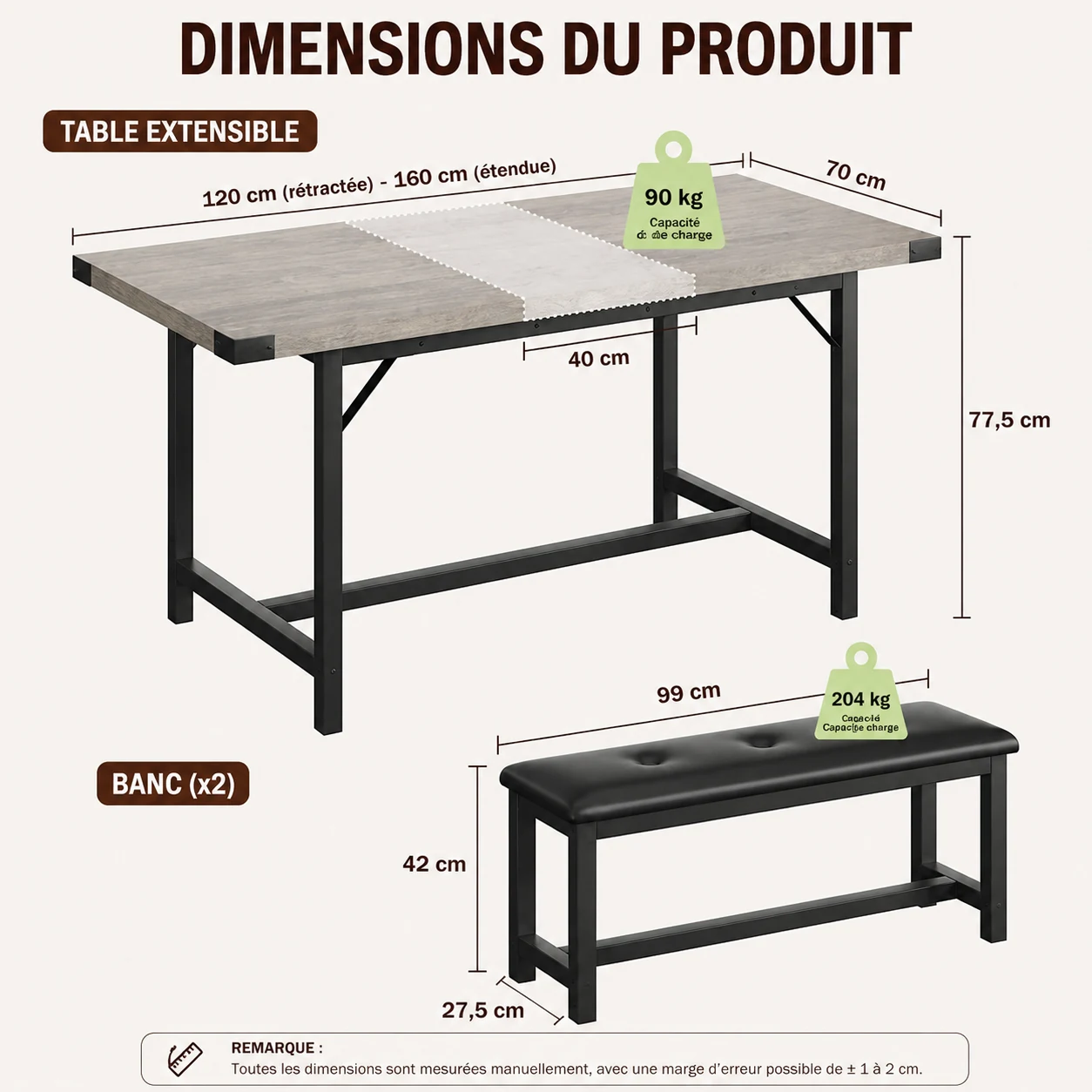 Table à Manger Extensible 4 à 6 Places avec 2 Bancs