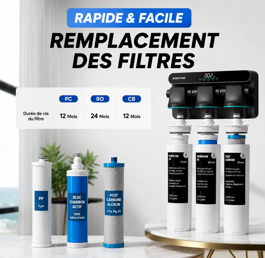Osmoseur Inverse 800 GPD Sans Réservoir avec ecran TDS, Reminéralisation Alcaline & Rincage Automatique
