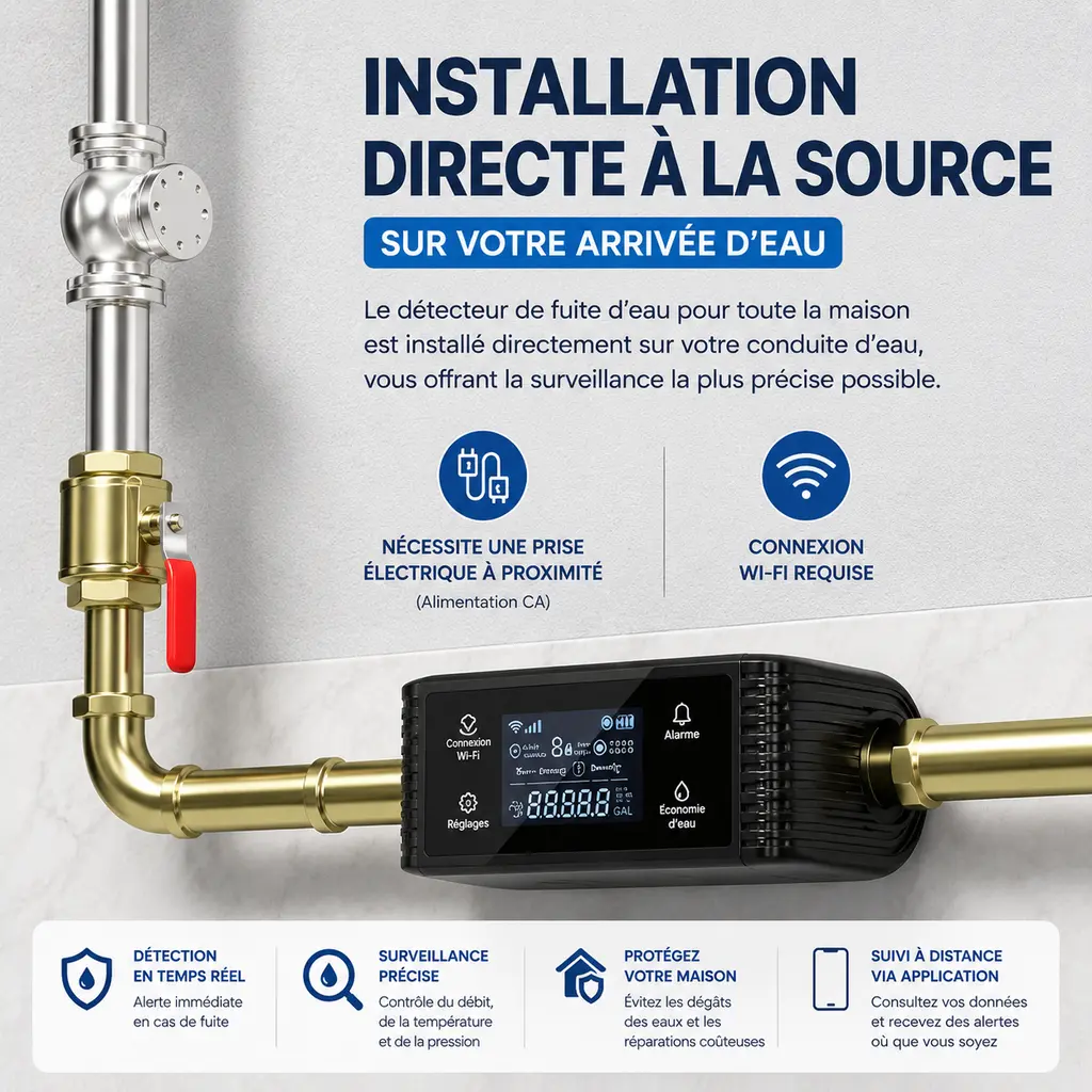 DEtecteur de Fuite d’Eau Intelligent Wi-Fi & Bluetooth – Contrôle du Débit et de la Consommation