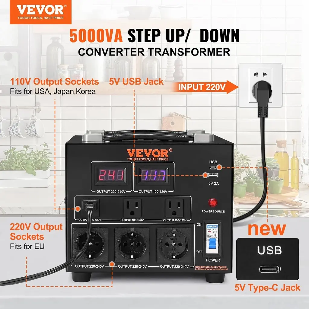 Convertisseur transformateur VEVOR 5000W 110V/220V – prise universelle, câble US avec terre 