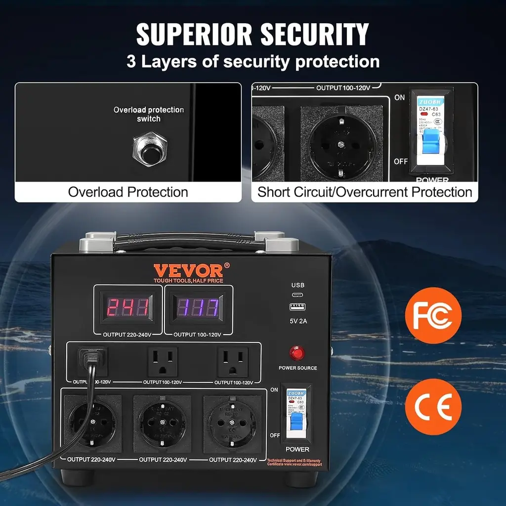 Convertisseur transformateur VEVOR 5000W 110V/220V – prise universelle, câble US avec terre 