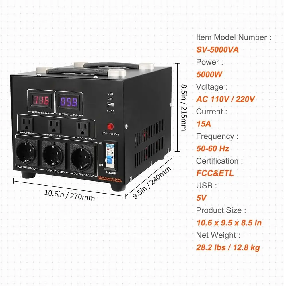 Convertisseur transformateur VEVOR 5000W 110V/220V – prise universelle, câble US avec terre 