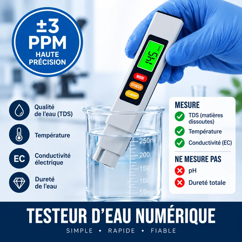 Testeur d’eau numérique TDS/EC 0–9999 PPM – Qualité de l’eau