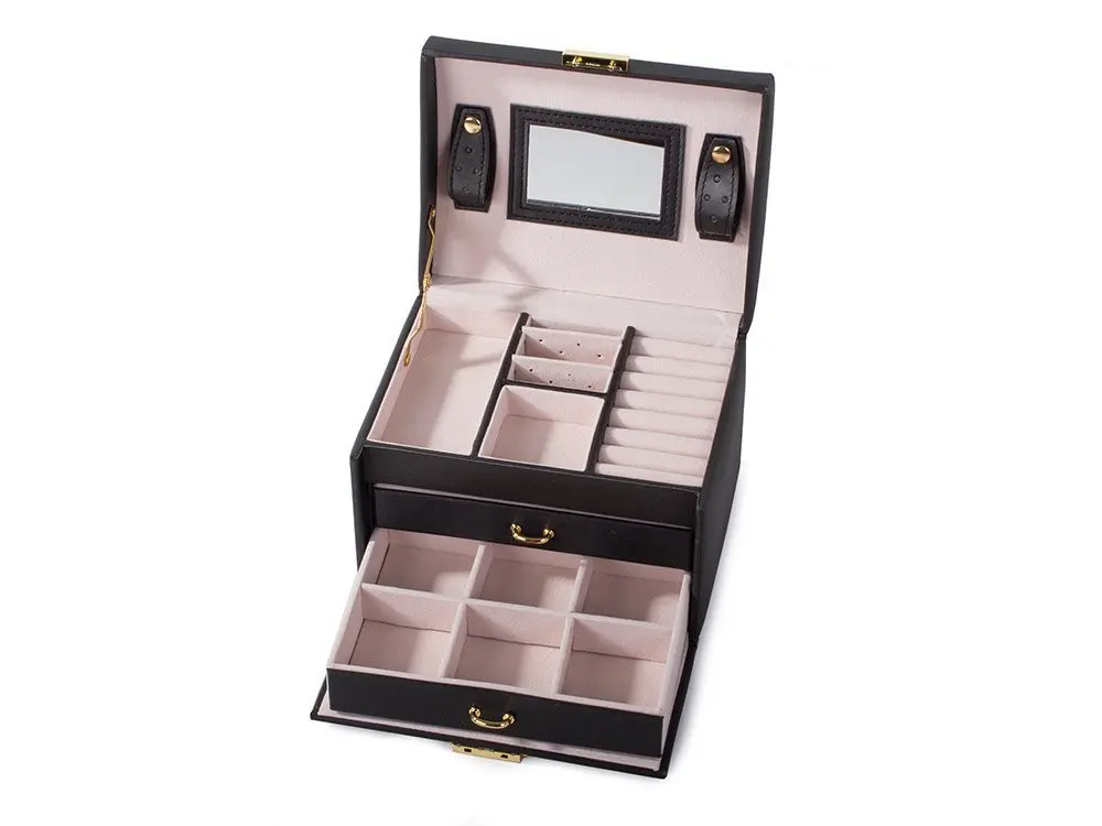 Coffret à bijoux en cuir écologique avec serrure à clé, noir - 2