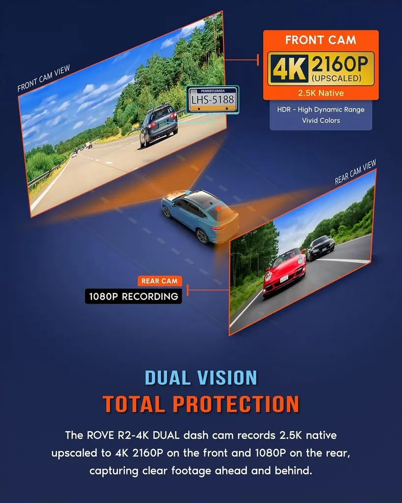Dashcam avant/arrière ROVE R2-4K Dual, capteur STARVIS 2, carte 128 Go - 2