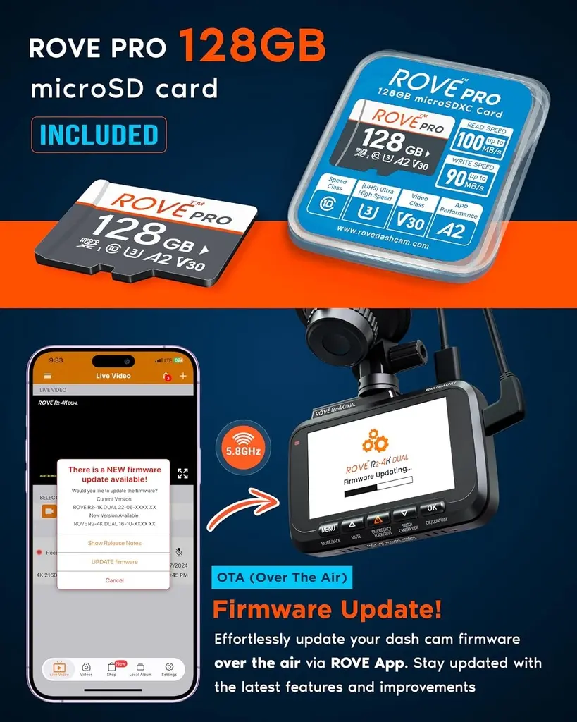 Dashcam avant/arrière ROVE R2-4K Dual, capteur STARVIS 2, carte 128 Go - 6