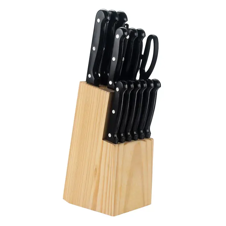 [1-AK01] Wooden block of 13 kitchen knives and a pair of scissors.