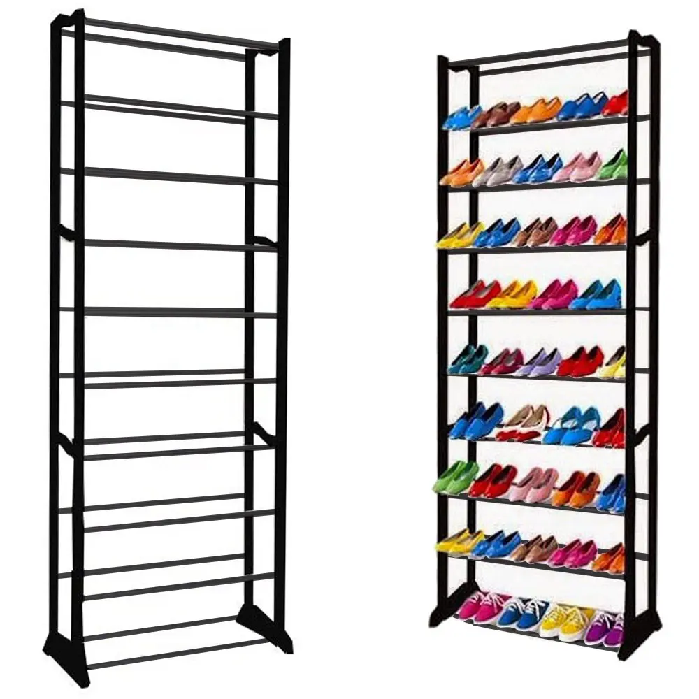 Metal shoe rack for 30 pairs, black and chrome