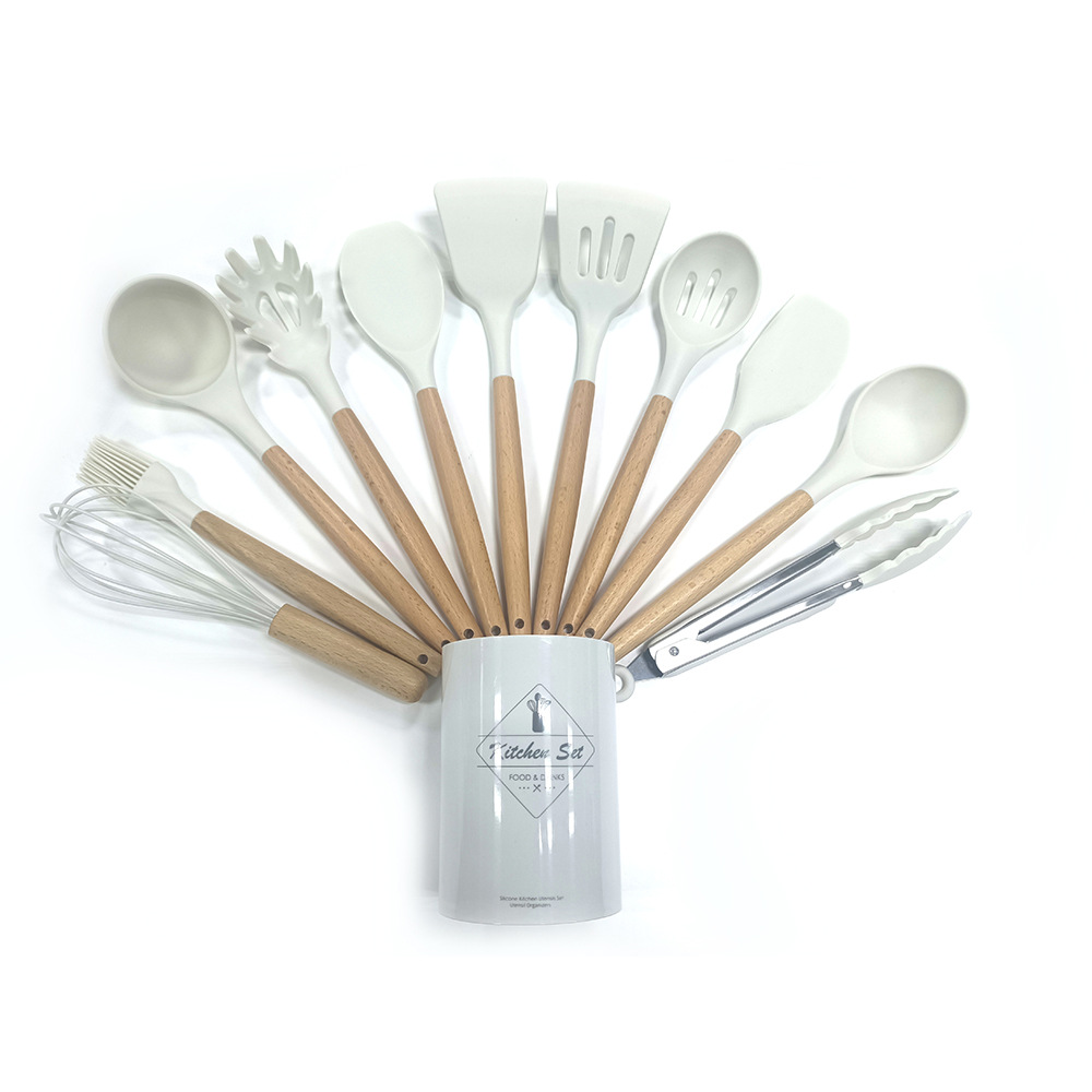 Kit of 11 silicone kitchen utensils and wooden handles