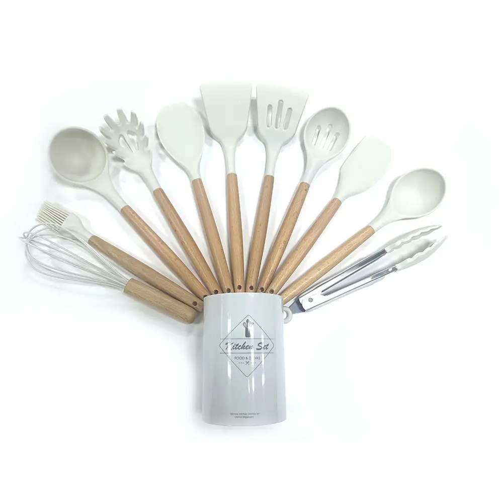 Kit of 11 silicone kitchen utensils and wooden sleeves