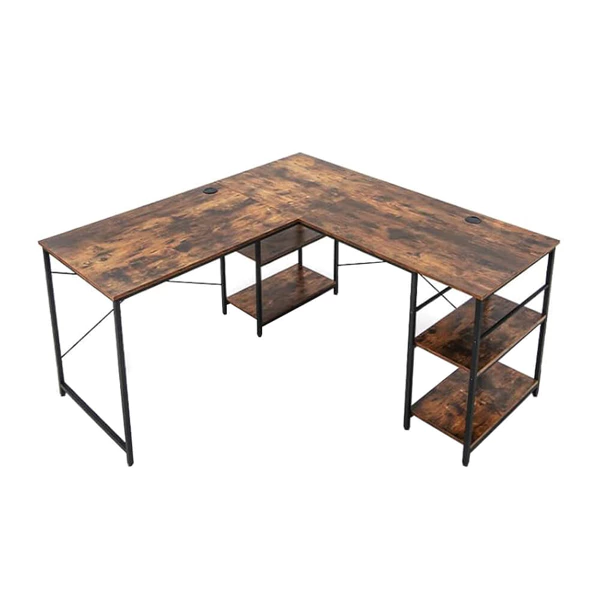 Bureau convertible en L avec étagères, marron Rustique