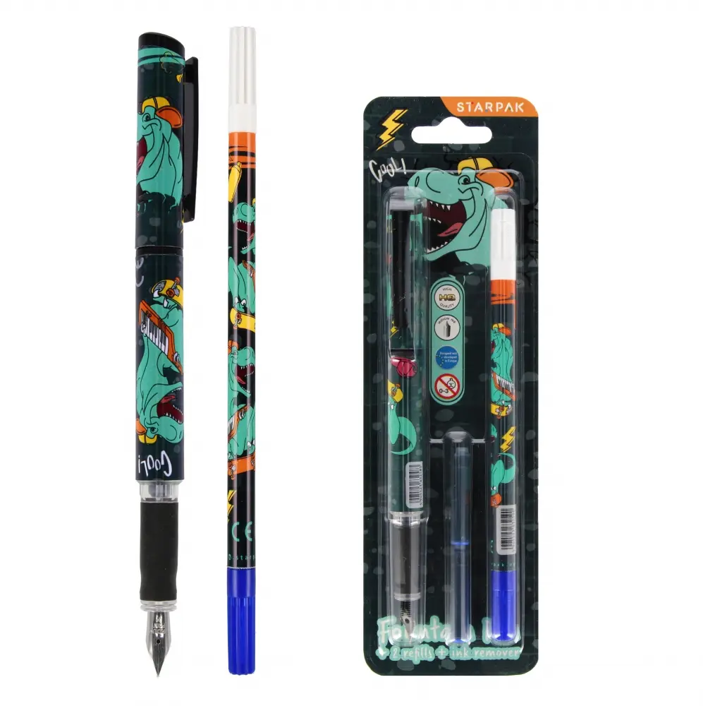 stylo + 2 cartouches + gomme skate dino starpak