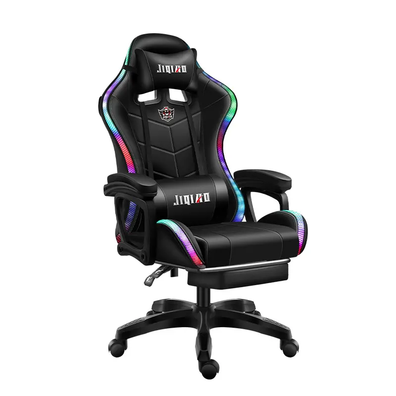 Gaming massage chair with LED lighting and footrest