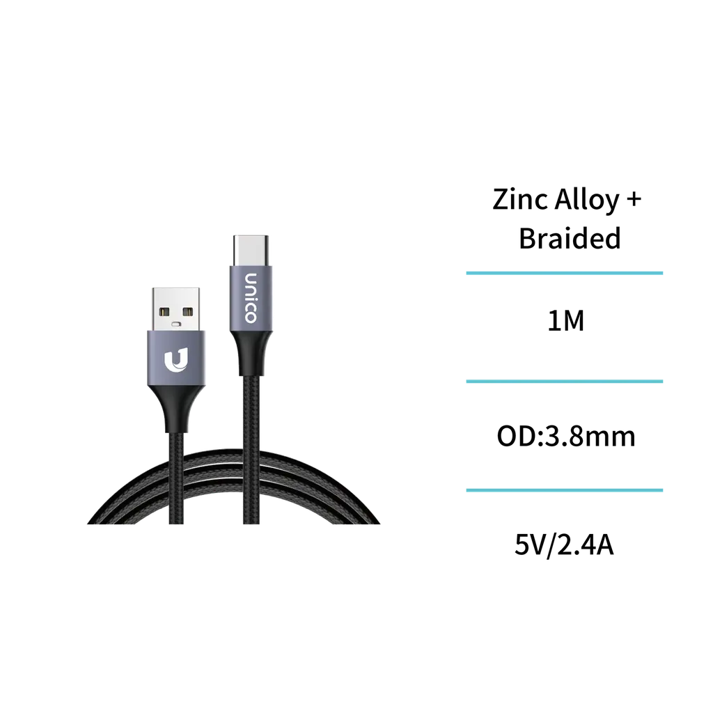 Braided Aluminum USB to Type-C Cable 2.4A 1m