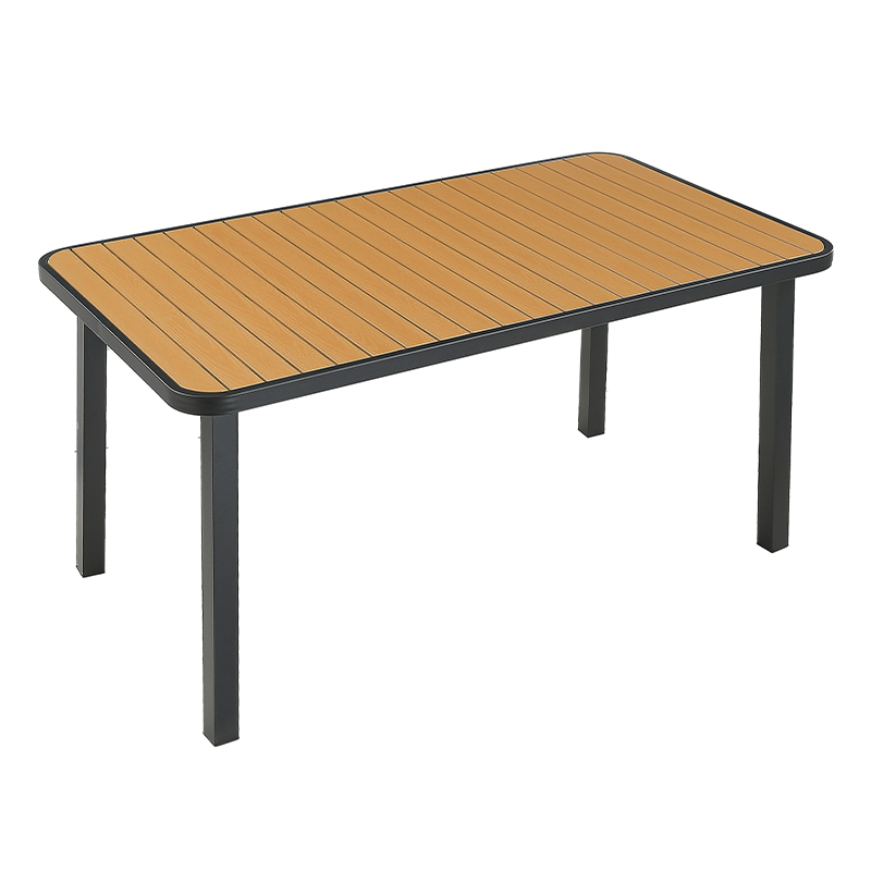 Table jardin aluminium noir, plateau imitation teck