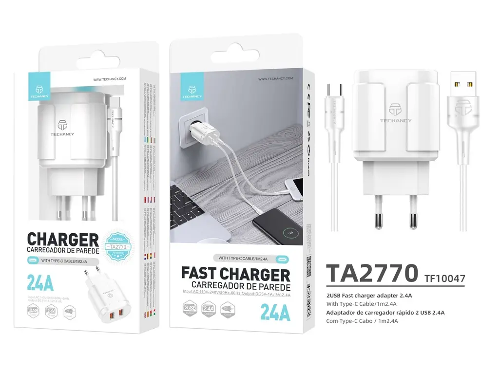 Charger With Cable Type Usb C 2.4A 1M 2Usb White